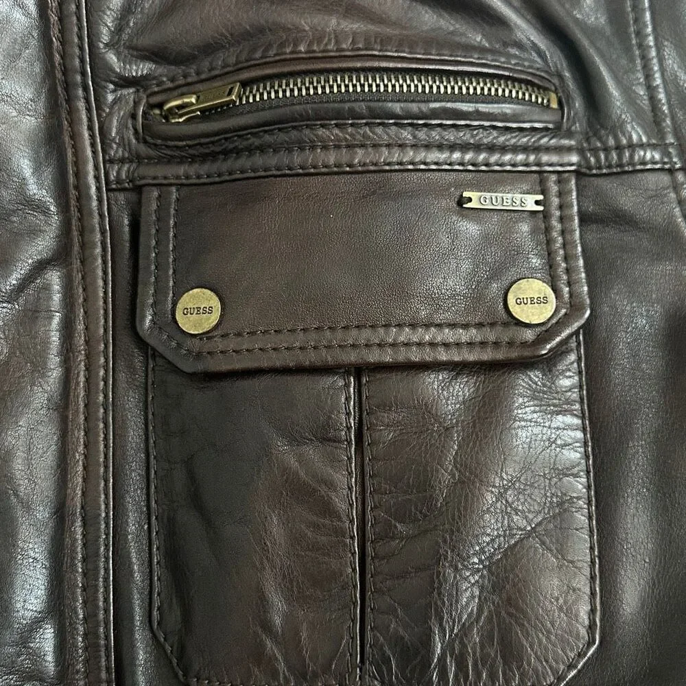 GUESS Brown Leather Moto Field Jacket XL – Genuine Leather – Rare 11PLA1001